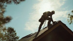 Homeowner placing a bucket beneath a ceiling leak while water damage is documented indoors.