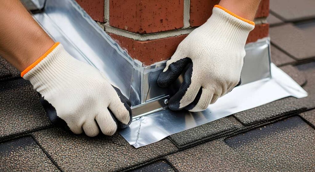 Homeowner reviews roof warranty papers beside photographs of shingles and a ceiling water stain.